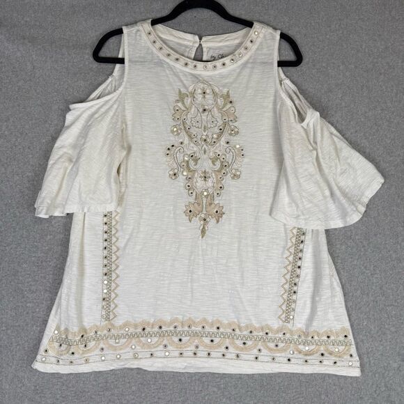 Chico's White Embroidered Cold Shoulder Flutter Sleeve Top 1 = Medium, 8-10 - Picture 1 of 9